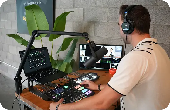 James filming a podcast